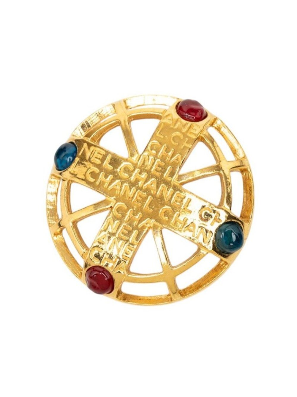 Chanel Logo Brooch Gold Multicolor Plated Stone